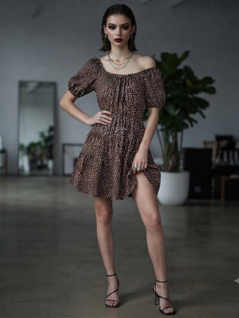 J. Crew Brown floral Puff-Sleeve Tiered Mini Dress